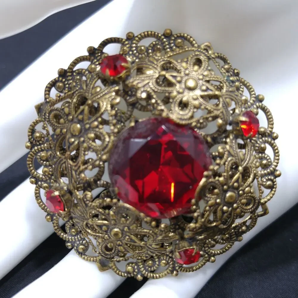 Red Rhinestone Filigree Brooch, Unmarked Germany or Czech, 1940s Vintage Jewelry